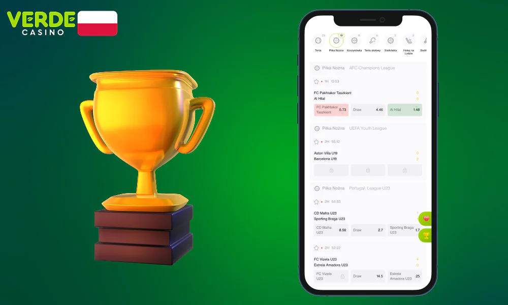 Korzystając z aplikacji mobilnej Verde Casino, użytkownicy z Polski mogą obstawiać popularne turnieje piłkarskie